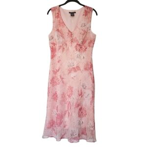 F.L.P peachy/coral floral midi chiffon dress, sleeveless, y2k, size 12